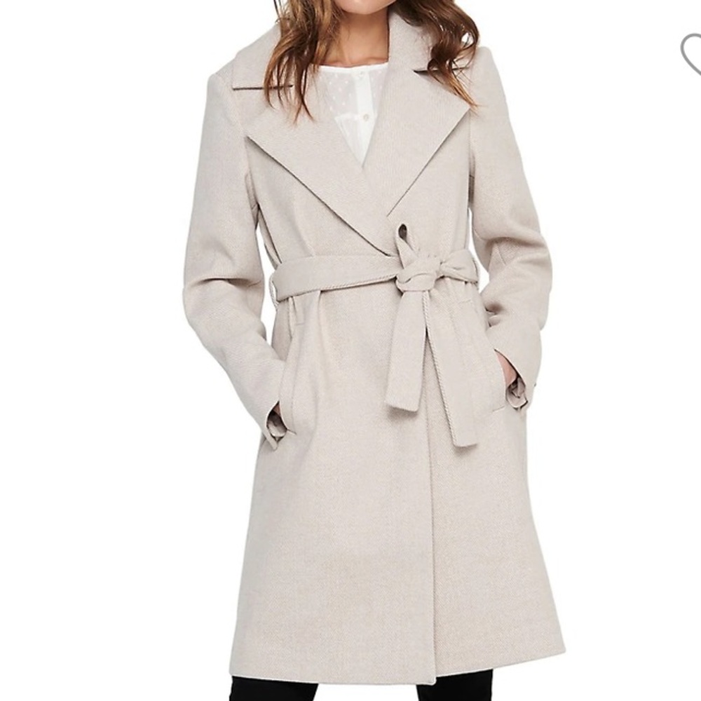 Wool blend wrap coat with belt in oatmeal colour